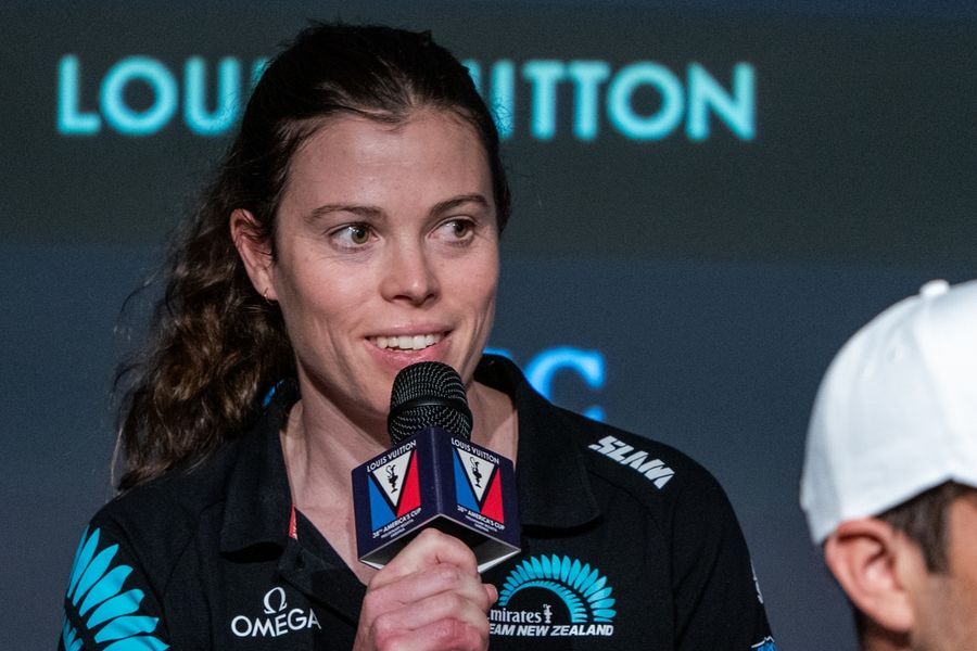 Erica Dawson speaks for Emirates Team New Zealand W&Y at the Sardinia preliminary regatta press conference, 21 May 2026.