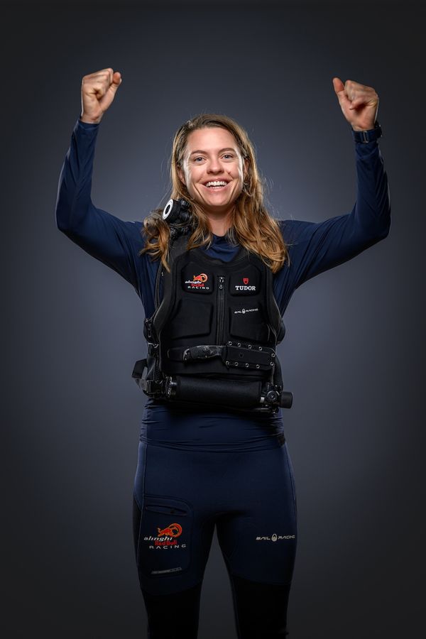 Laurane Mettraux and trimmer Ricardo Pinto of Alinghi Red Bull Racing, pictured during youth and women's portraits, August 2024.