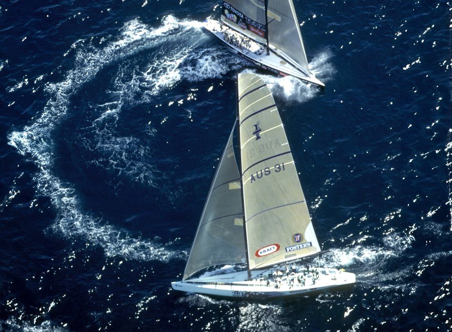 OneAustralia and Team New Zealand battle at the pre-start of Race 2 in the Louis Vuitton Cup Challenger Finals on 13 April, with Team New Zealand taking the match by 1min 57secs.