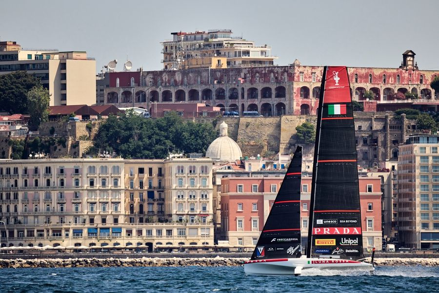 03 July 2026: Luna Rossa Team's AC40 puts in a training session on the waters off Naples.