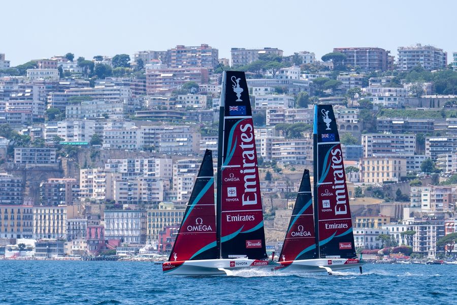 Emirates Team New Zealand training in Naples Bay ahead of the 38th America's Cup, 7 July 2026.