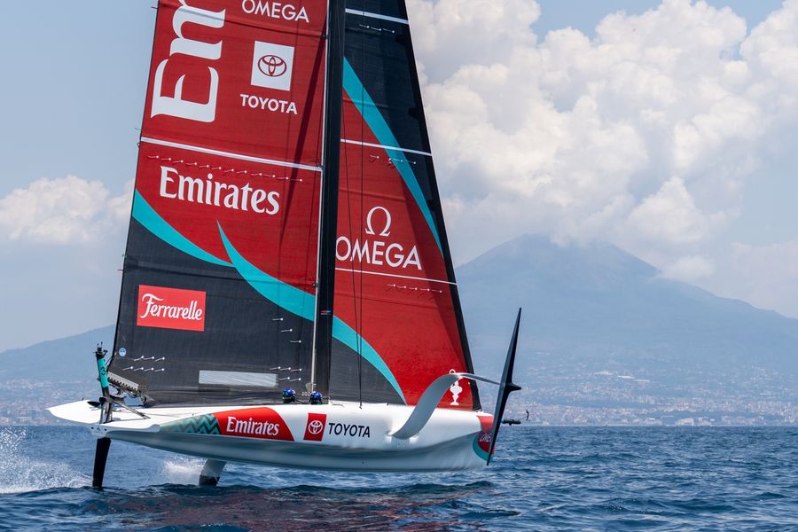 Emirates Team New Zealand on the water in Naples Bay preparing for the 38th America's Cup, 7 July 2026.
