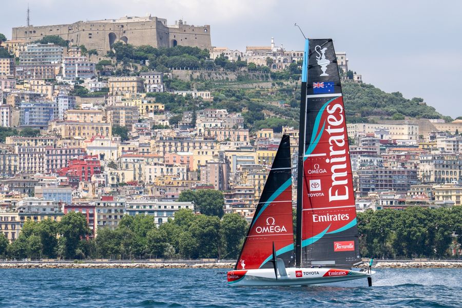 Emirates Team New Zealand out training in Naples Bay for the 38th America's Cup, 7 July 2026.