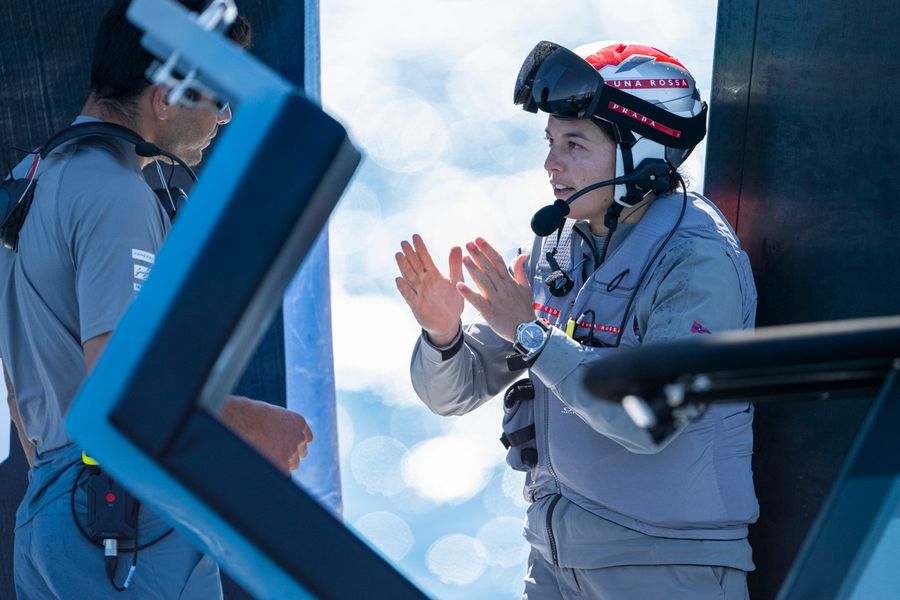 Maria Giubilei trims for Luna Rossa Team 1 during official practice at the Preliminary Regatta in Sardinia, 21 May 2026.