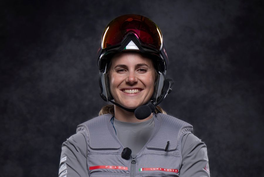 Margherita Porro on the helm for Luna Rossa Team 1, captured during crew portraits at the Preliminary Regatta in Sardinia, 20 May 2026.