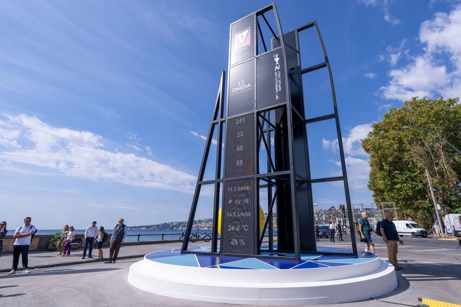 Crowds gather at Lungomare for the countdown clock unveiling before the Louis Vuitton 38th America's Cup Preliminary Regatta in Naples.