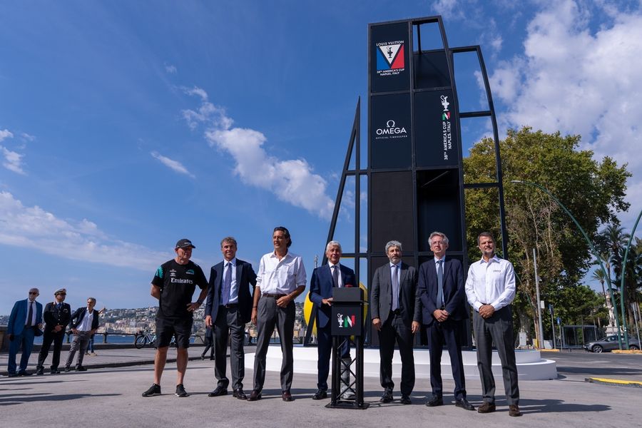 The countdown clock is unveiled at Lungomare ahead of the Louis Vuitton 38th America's Cup Preliminary Regatta in Naples.