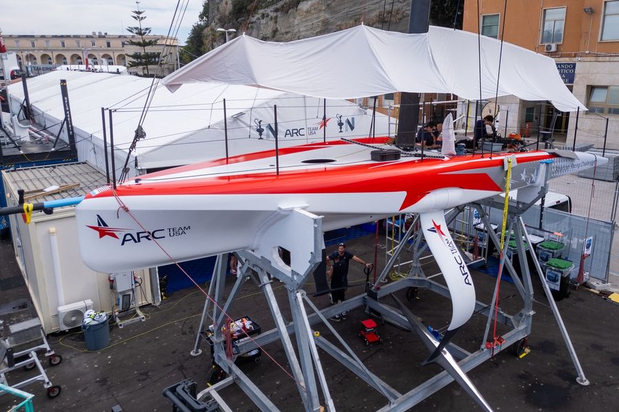The American Racing Challenger Team USA base at Nisida during the Louis Vuitton 38th America's Cup Preliminary Regatta.