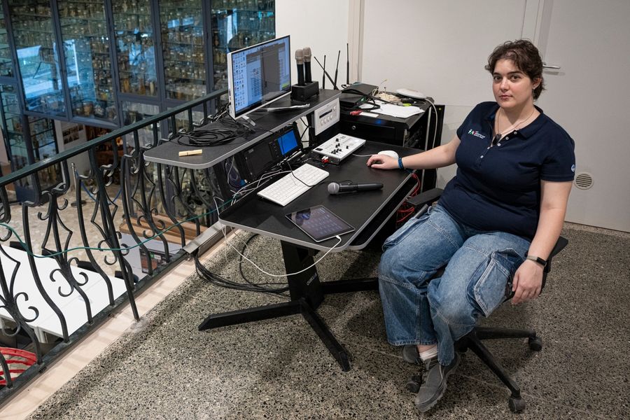 IT intern Chiara at the Media Centre during the Louis Vuitton 38th America's Cup Preliminary Regatta in Naples. Photo: Carmen Hidalgo/America's Cup