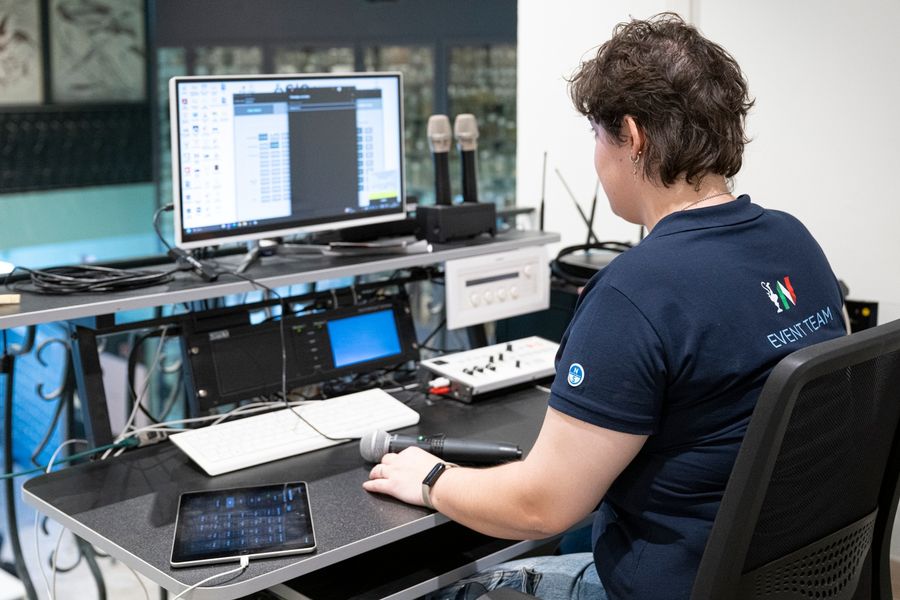 IT intern Chiara at the Media Centre during the Louis Vuitton 38th America's Cup Preliminary Regatta in Naples. Photo: Carmen Hidalgo/America's Cup