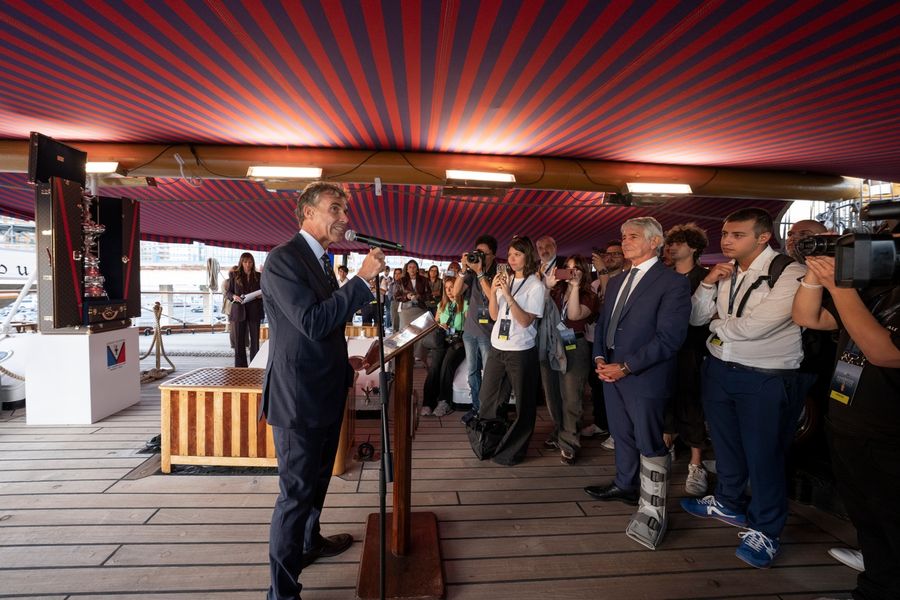 Sailors from the America's Cup teams tour the historic Amerigo Vespucci during the Naples preliminary regatta, 23 September 2026.