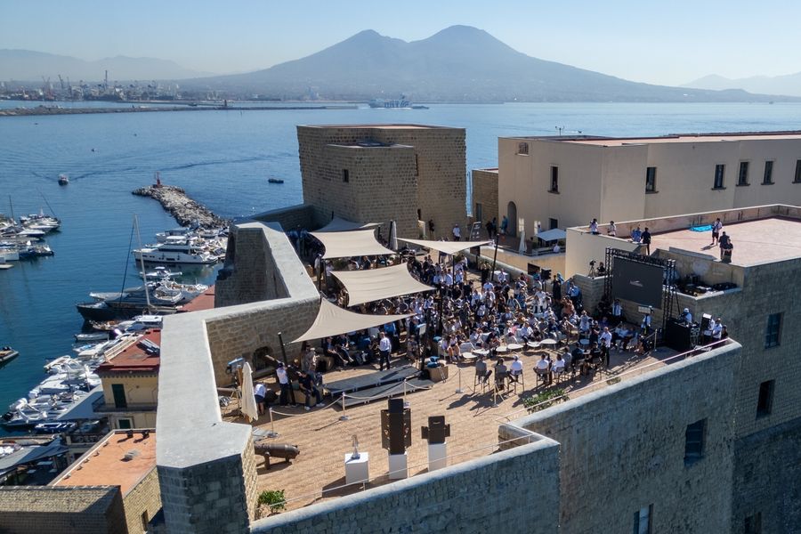Skippers gather for the group photo ahead of the Louis Vuitton 38th America's Cup Preliminary Regatta in Naples, 24 September 2026.