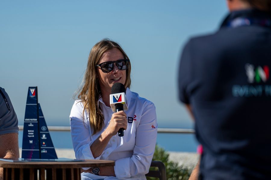 Hannah Mills with the Cobham Ultra GB2 women's and youth team at the Louis Vuitton 38th America's Cup Preliminary Regatta in Naples, 24 September 2026.