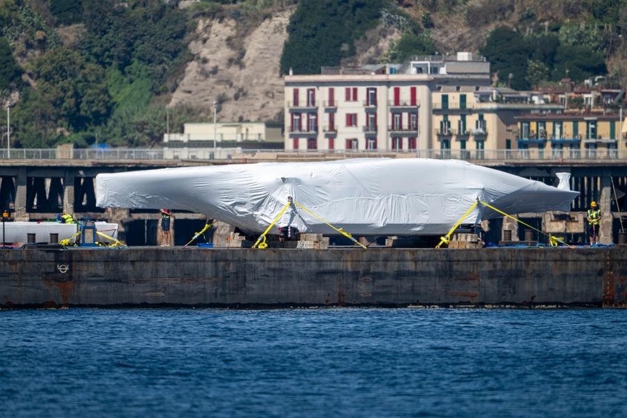 The AC75 belonging to La Roche-Posay Racing Team touches down in Naples for the Louis Vuitton 38th America's Cup Preliminary Regatta.