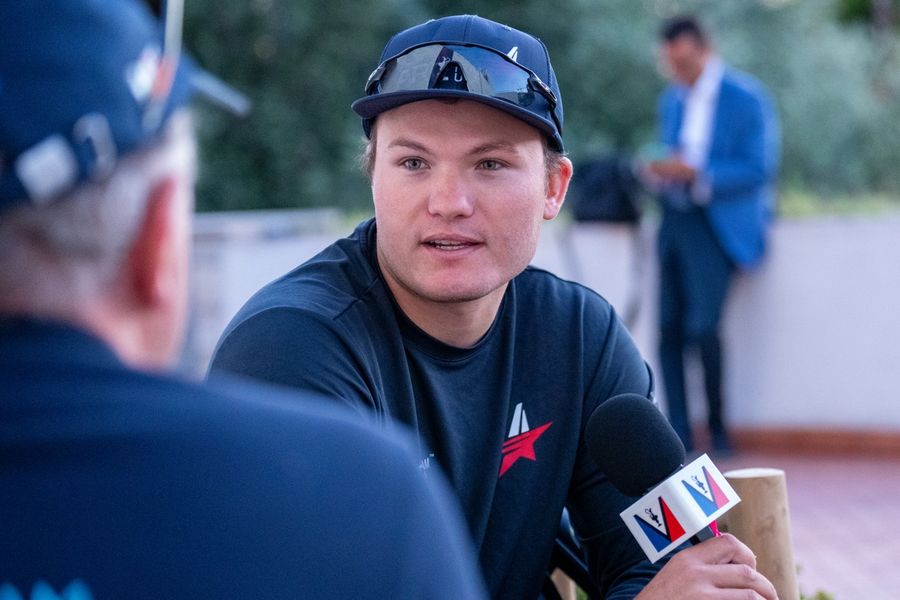 Harry Melges of American Racing Challenger Team USA speaks in the mixed zone after Race Day 1 of the Preliminary Regatta in Naples, 25 September 2026.