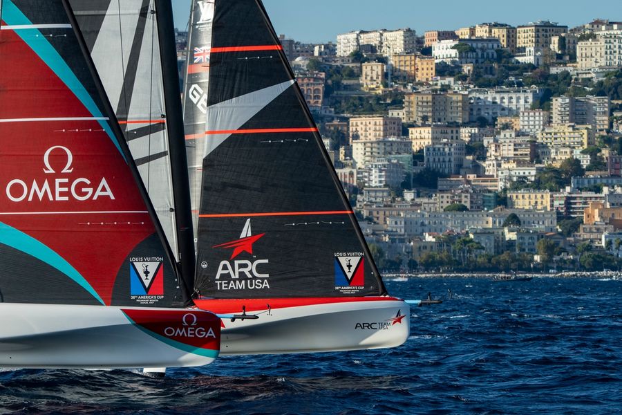 Emirates Team New Zealand and American Racing Challenger Team USA go head to head on Race Day 1 in Naples, 25 September 2026.