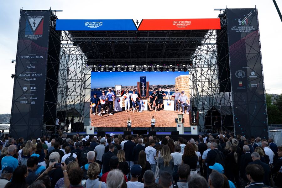 Teams gather for the presentation ahead of the Louis Vuitton 38th America's Cup Preliminary Regatta in Naples.