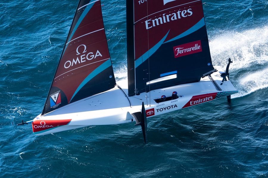 Emirates Team New Zealand in action during Race Day 2 of the Louis Vuitton 38th America's Cup Preliminary Regatta in Naples, 26 September 2026.