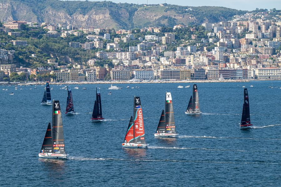 The fleet in action on Race Day 3 of the Louis Vuitton Preliminary Regatta in Naples, 27 September 2026.