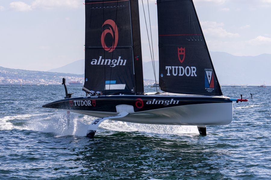 Tudor Team Alinghi on the water during the Louis Vuitton Preliminary Regatta in Naples, 26 September 2026.