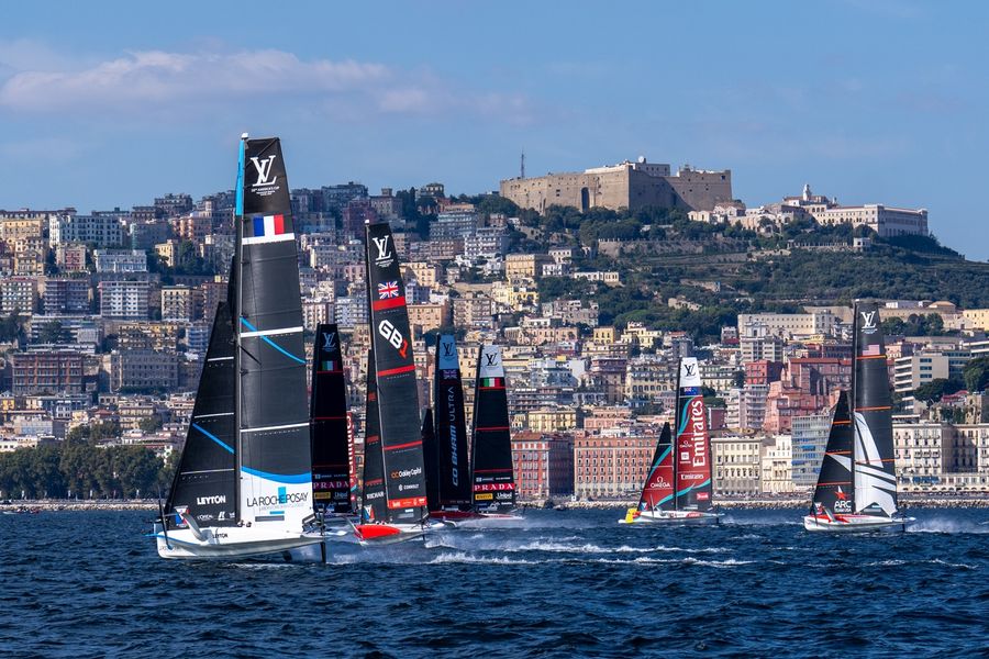 The fleet in action during the Louis Vuitton 38th America's Cup Preliminary Regatta in Naples on 27 September 2026. Photo: Ian Roman/America's Cup