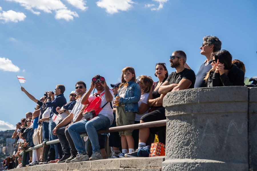 Fans fill the race village at the Louis Vuitton 38th America's Cup Preliminary Regatta in Naples, 26 September 2026. Photo: Francesca Ardau/America's Cup