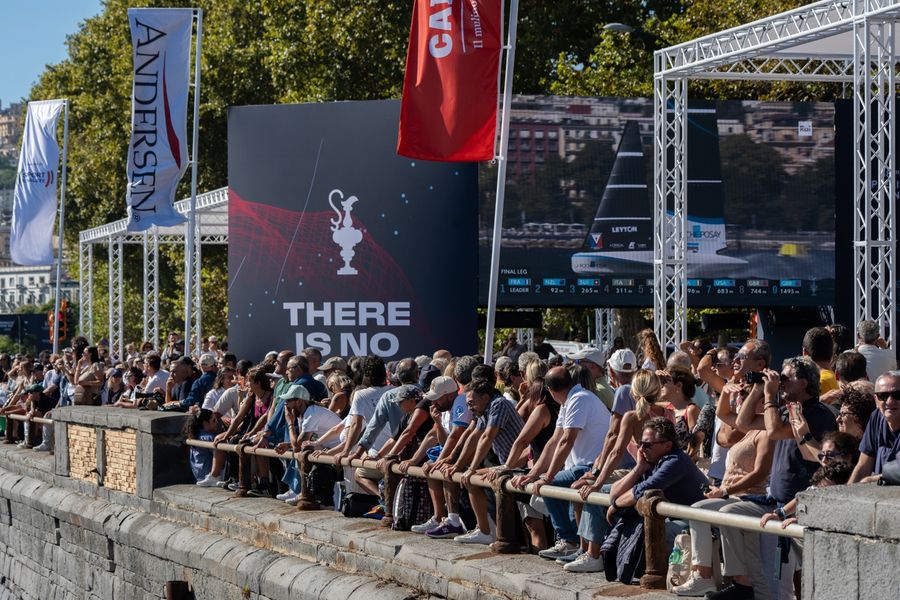 The race village buzzes with activity at the Louis Vuitton 38th America's Cup Preliminary Regatta in Naples, 26 September 2026. Photo: Francesca Ardau/America's Cup
