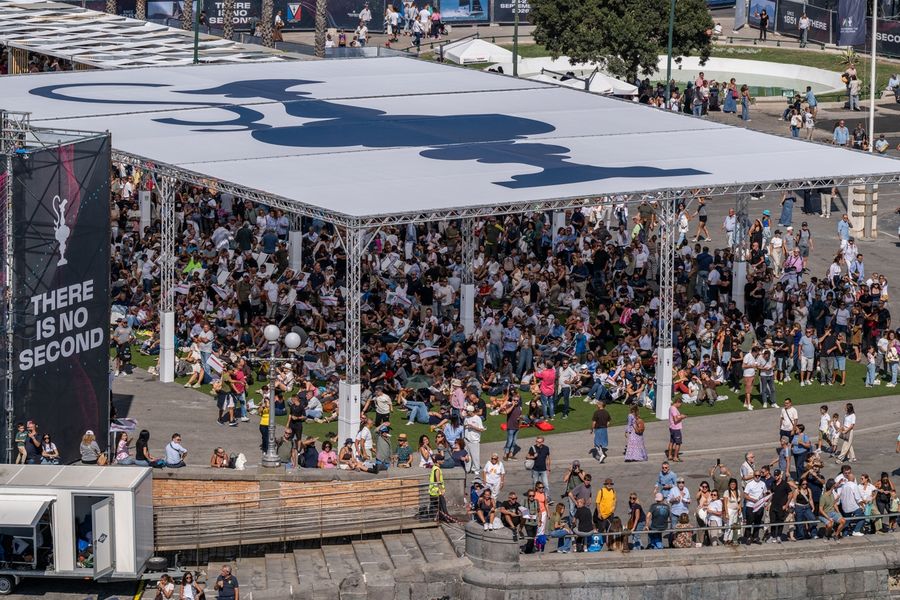 Crowds gather at the race village during the Louis Vuitton 38th America's Cup Preliminary Regatta in Naples, 27 September 2026. Photo: Ricardo Pinto/America's Cup