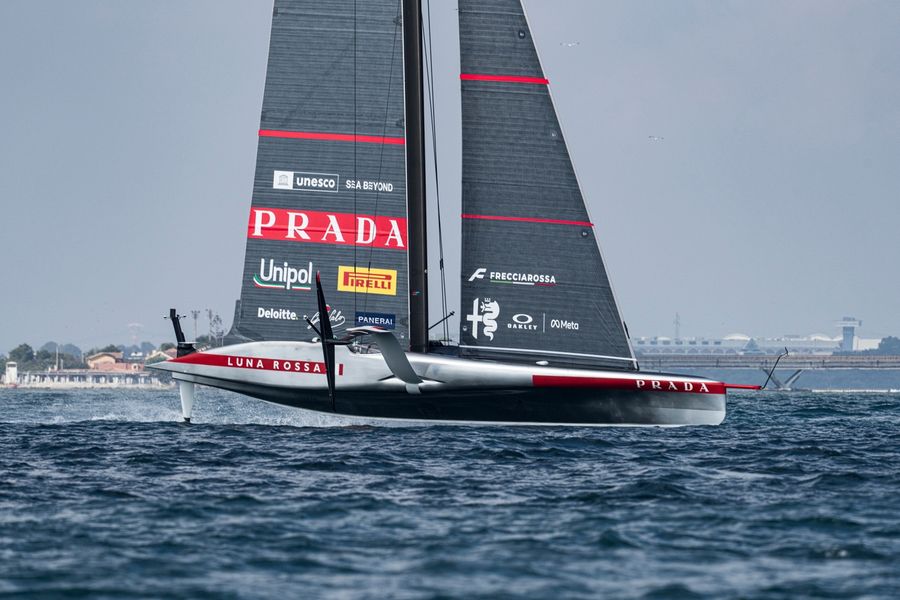 Luna Rossa Team out on the water during AC38 recon in Cagliari, 6 October 2026. Photo: Ivo Rovira/America's Cup