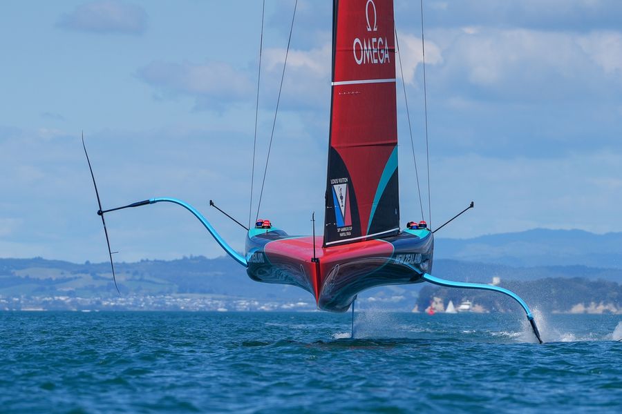 Emirates Team New Zealand's Taihoro slices through the water during Day 27 of America's Cup recon. Sam Thom / America's Cup