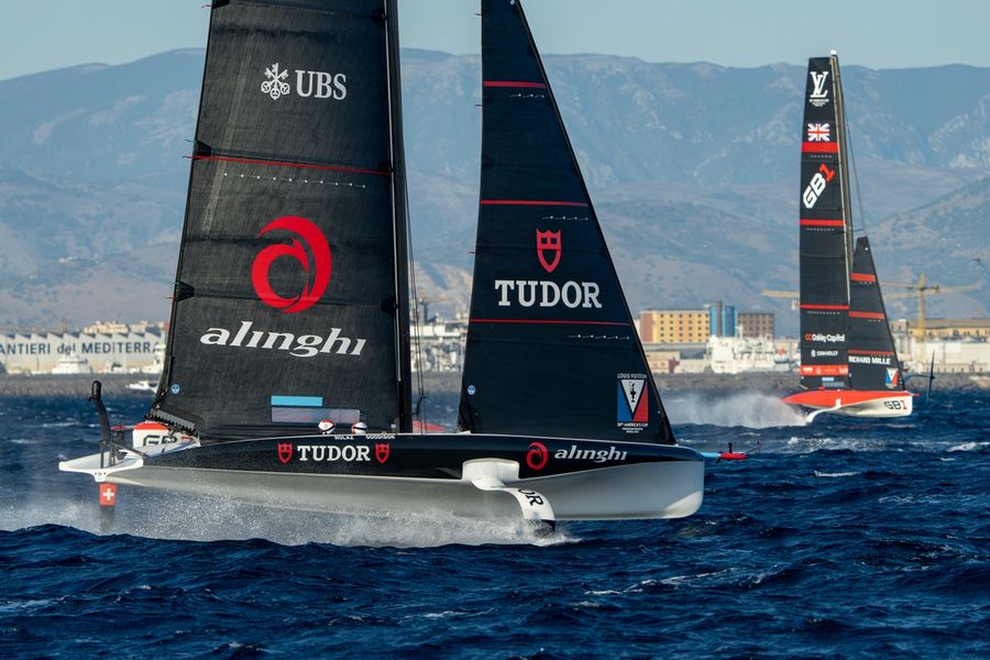 Tudor Team Alinghi racing on Race Day 1 of the Louis Vuitton 38th America's Cup Preliminary Regatta in Naples.