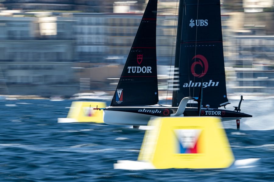 Tudor Team Alinghi in action during Race Day 2 of the Louis Vuitton 38th America's Cup Preliminary Regatta in Naples.