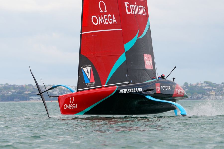 Emirates Team New Zealand's AC75 Taihoro out on the water during America's Cup recon, day 29, 14 October 2026.