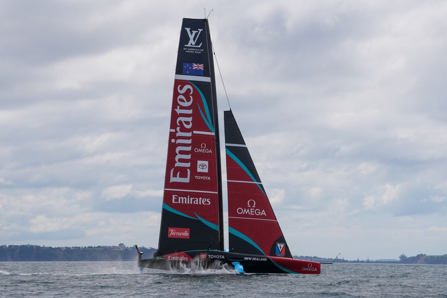 Taihoro cuts through the water as Emirates Team New Zealand continues America's Cup recon on day 29, 14 October 2026.