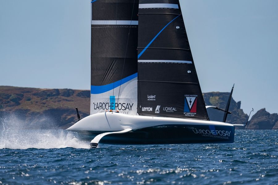 La Roche Posay Racing Team's AC75 out on the water during America's Cup reconnaissance.
