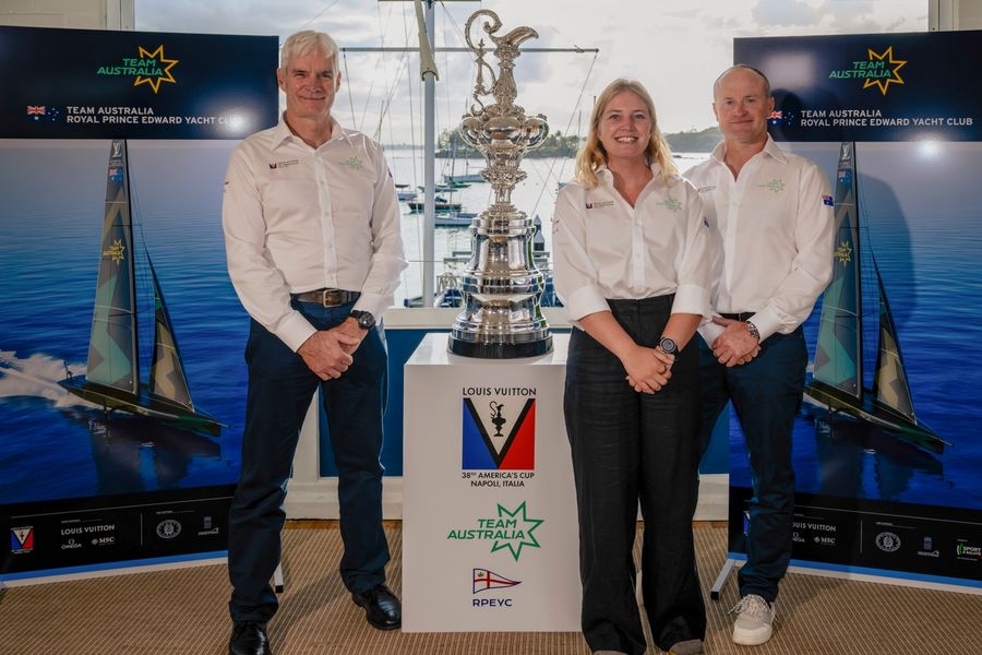 Grant Simmer, Tash Bryant and Glenn Ashby at Team Australia's team announcement for the 38th America's Cup, May 2026.