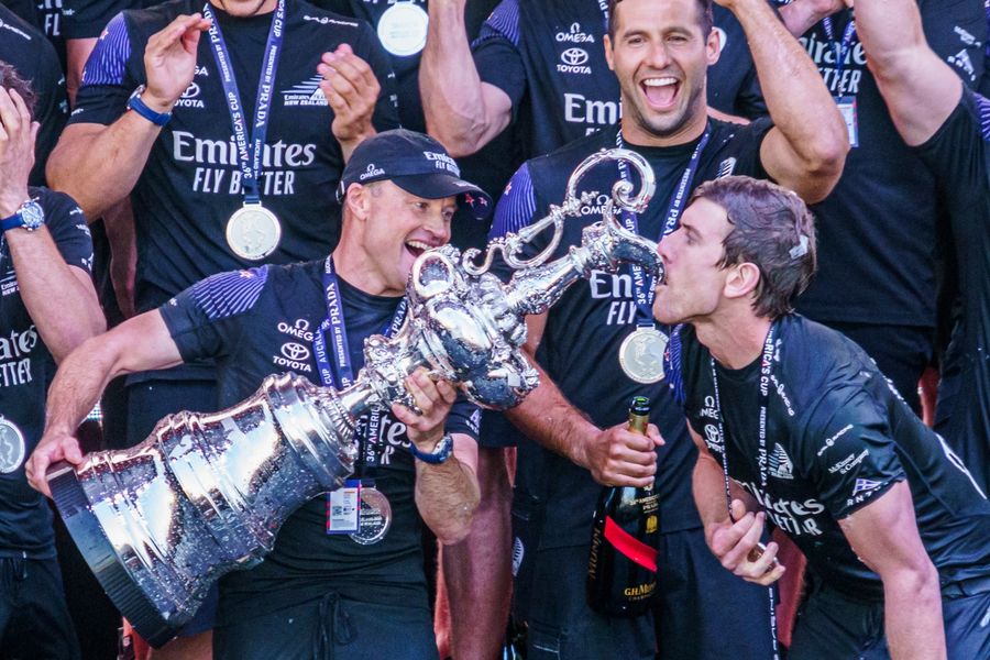 Glenn Ashby and Peter Burling at the America's Cup Match prize giving in Auckland, March 2021.