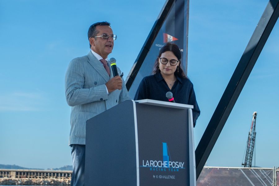 Dino Falconio, Deputy Commissioner of Bagnoli, attends the official launch of La Roche-Posay, the first AC75 in the Gulf of Naples.