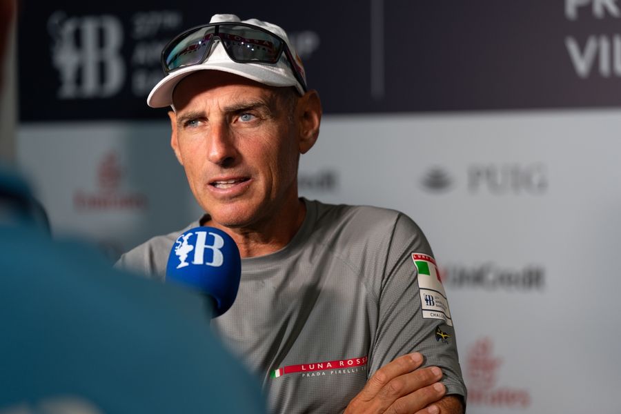 Sailors in the mixed zone during Race Day 2 of the America's Cup preliminary regatta in Vilanova i la Geltrú, September 2023.