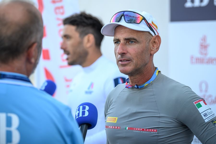 The mixed zone buzzes with activity during the America's Cup preliminary regatta in Vilanova i la Geltrú, September 2023.