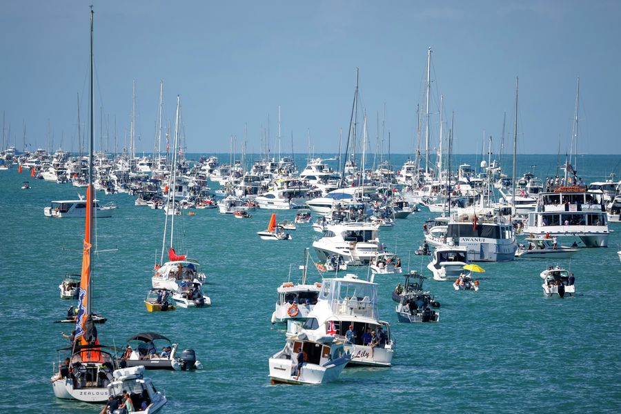 Spectator boats on the water during Day 1 of the 2021 PRADA Cup Final, Auckland.