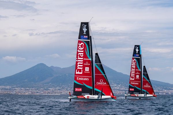 Emirates Team NZ hits Naples racecourse under Vesuvius ahead of Cup defence, 05 July 2026