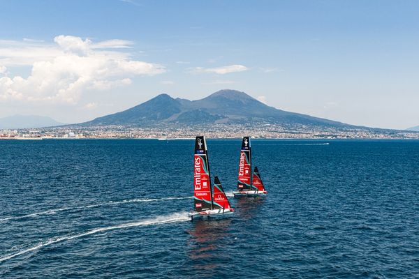 Emirates Team NZ hits Naples racecourse under Vesuvius ahead of Cup defence, 05 July 2026