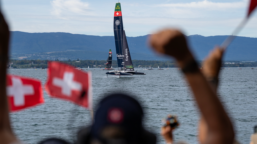 Local fans turn out in force to back Explora Journeys Swiss on home water in Geneva.