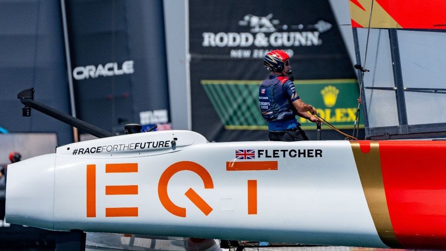 Dylan Fletcher at the helm of Emirates GBR during training in Valencia for the 2026 season.