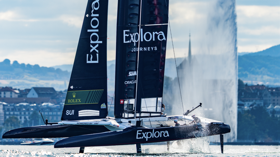 Explora Journeys Swiss powers along during racing on Lake Geneva.