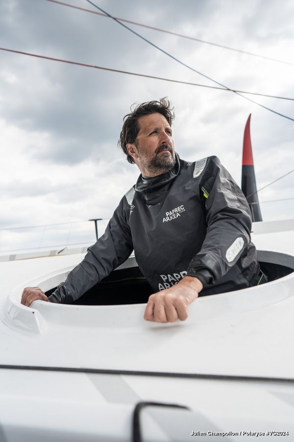 Paprec Arkéa skipper Yoann Richomme (FRA) is pictured on April 23, 2024, off Lorient, France. Photo Credit: Julien Champolion / Polaryse