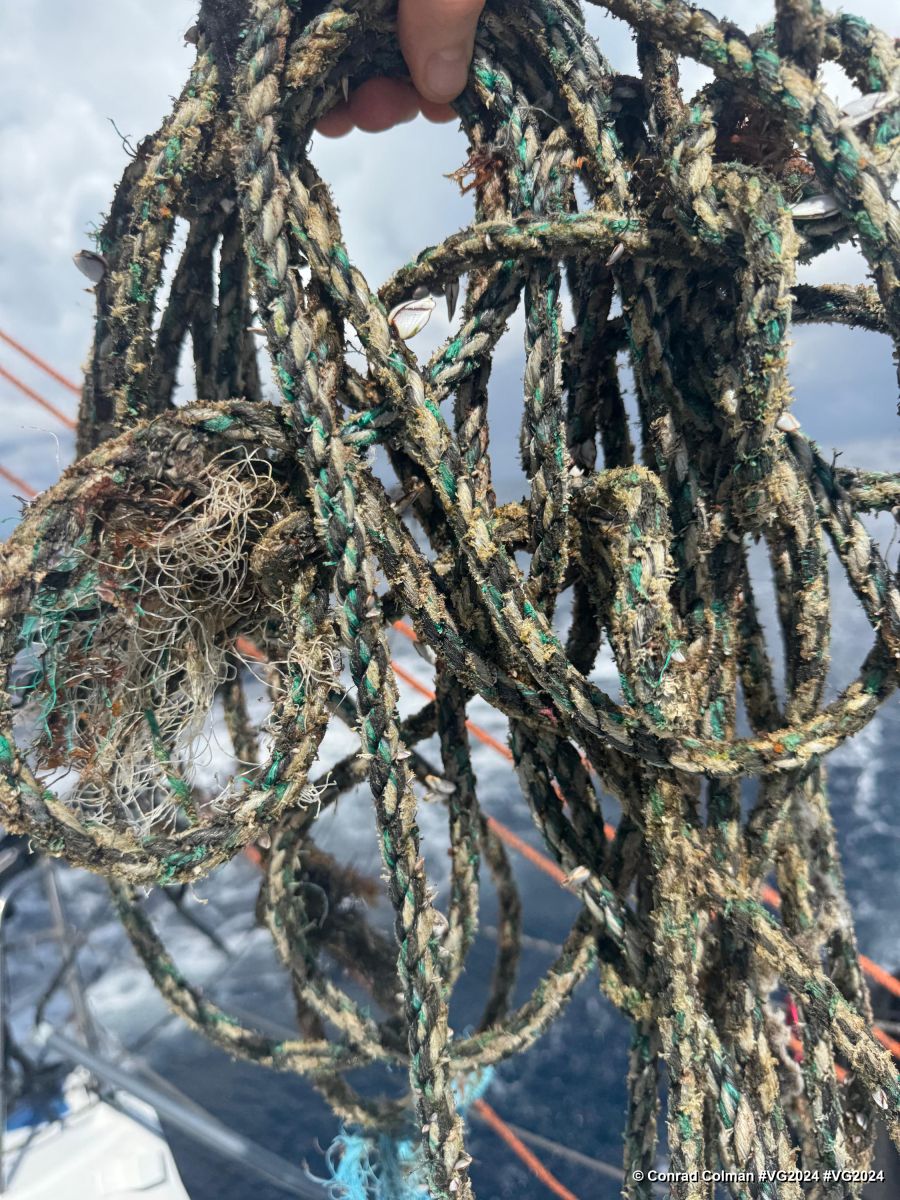 Recovered Rope From The Grass, NOVEMBER 22, 2024 : Photo sent from the boat MS Amlin during the Vendee Globe sailing race on November 22, 2024. Photo Credit: skipper Conrad Colman