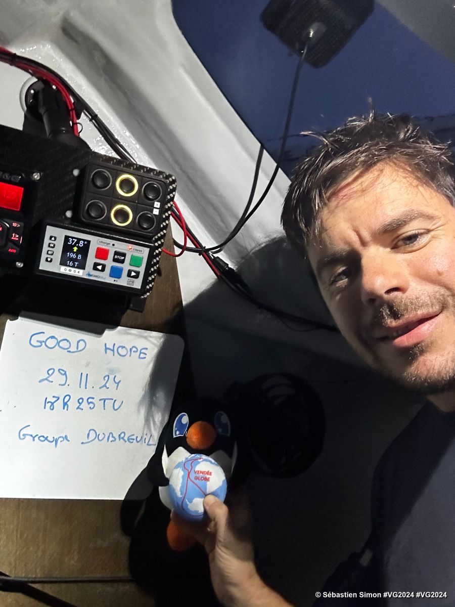 Photo sent from the boat Groupe Dubreuil during the Vendee Globe sailing race on November 29, 2024. Photo credit: skipper Sébastien Simon. Cape of Good Hope