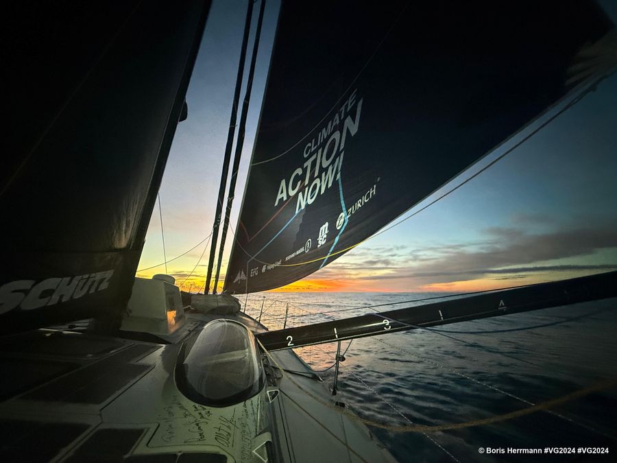 Photo sent from the boat Malizia - Seaexplorer during the Vendee Globe sailing race on November 30, 2024. Photo credit skipper Boris Herrmann. Sunrise